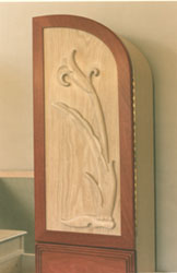 carved purpleheart and white oak vanity door
