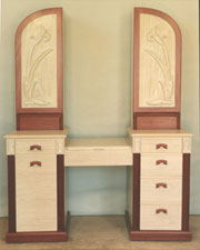 carved purpleheart and white oak vanity